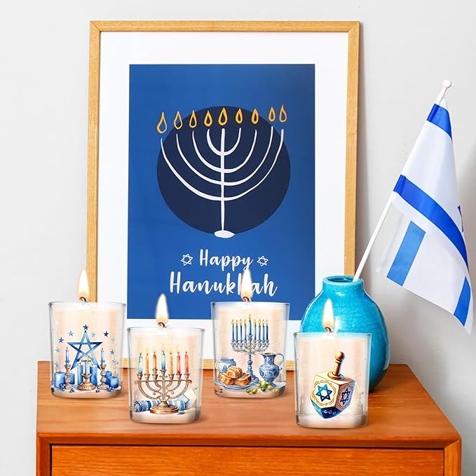 10 Pcs Hanukkah Glass Candle Jars Empty Containers Bulk 7 oz Chanukah Menorah Star David Dreidel Glass Jars with Cork Lids Tins for Candle Making Storing Biscuits Party Favors