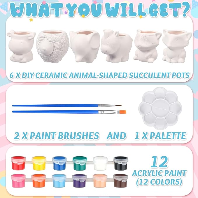 6 Sets Paint Your Own Animal Shaped Succulent Planter Spring Mini Unpainted Flower Pots Cartoon DIY Paintable Kit for Kids Classroom Craft Project Activity Birthday Gift