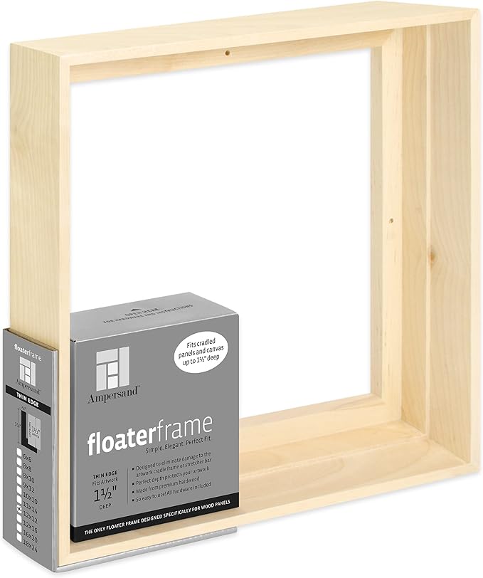 Ampersand Floaterframe Readymade Frame for Flat and 1 1/2" Deep Wood Panel and Canvas Artwork, Paintings, Prints, and More, 12"x12", Maple Thin