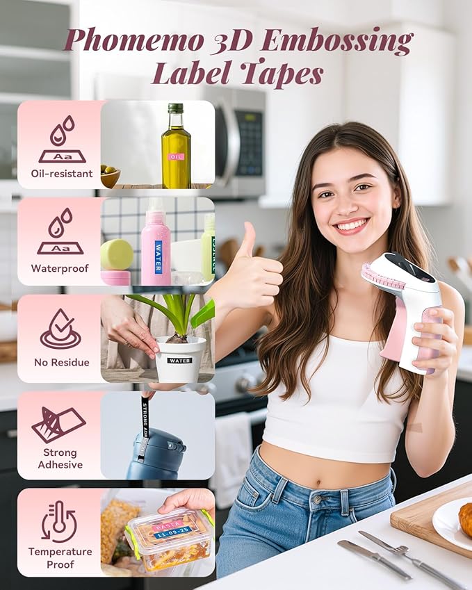 Phomemo Embossing Label Maker Machine, Retro Embossed Label Maker, Old School Embosser Labeler with 6 Rolls 3D Embossing Label Waterproof for Kid DIY Home School and Scrapbook Supplies Office, Pink