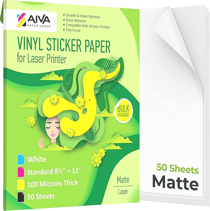 Printable Vinyl Sticker Paper for Laser Printer - Matte White - 50 Self-Adhesive Sheets - Waterproof Decal Paper - Standard Letter Size 8.5"x11"