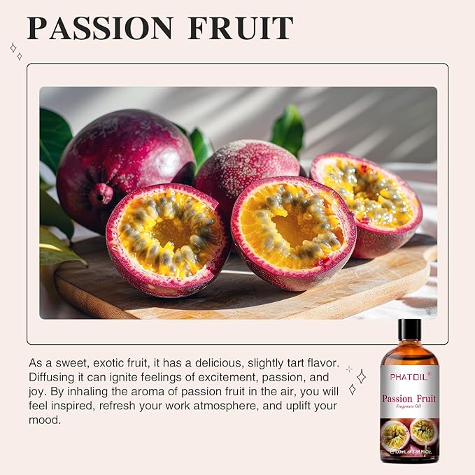 PHATOIL Passion Fruit Fragrance Oils for Aromatherapy, 3.38FL.OZ Diffuser Oils for Home, Perfect for Aromatherapy, Humidifiers, Yoga, DIY Candle and Soap Making - 100ml