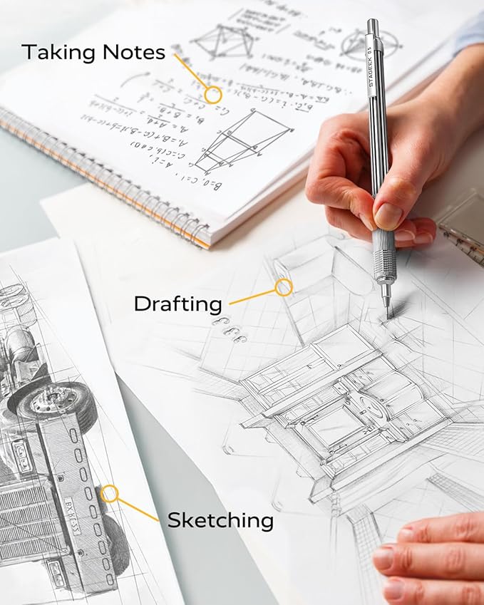 0.5mm Mechanical Pencil with Metal Gift Case, 1PCs Metal Mechanical Pencil with 120PCS HB Lead Refills,4B Erasers and 9PCS Eraser Refills, for Writing Drafting Drawing and Sketching(Silver)