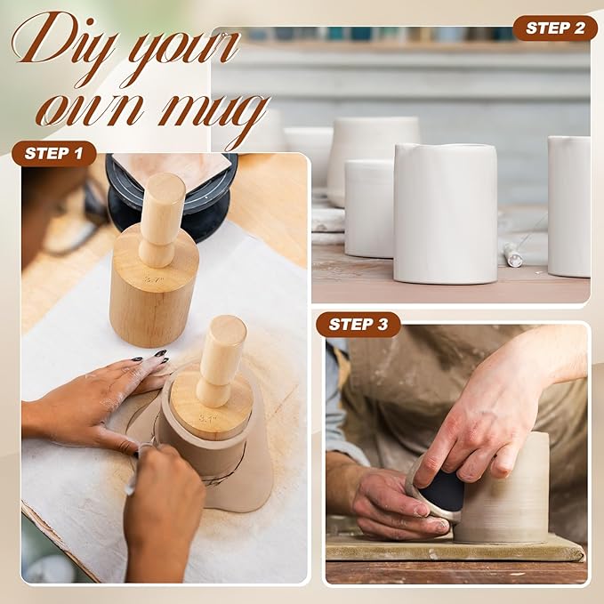 Juexica 3 Pcs Cup Pottery Molds 2.5'', 2.8'', 3.1'' with 12 Pcs Mug Handle Forms Shaping Tool Wood Slump Press 3 Sizes Clay Molds for DIY Cup Mug Art Making