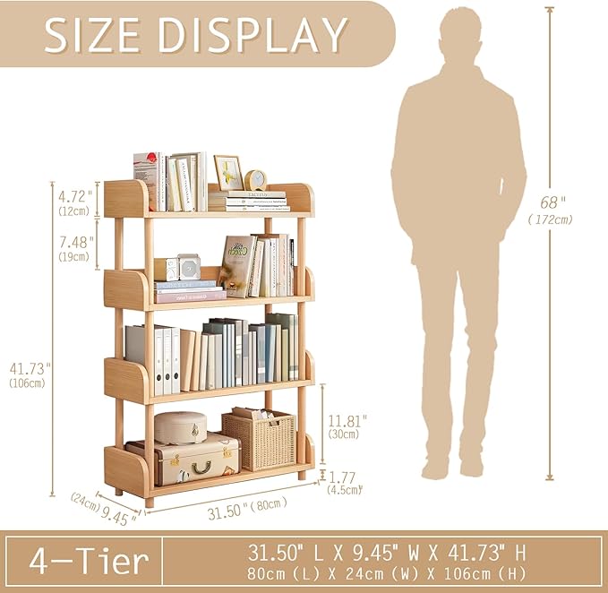 4-Tier Wooden Open Bookcase - Modern Display Bookshelf with Top Edge and Solid Wood Frame for Home and Office, Storage Cabinet, Oak