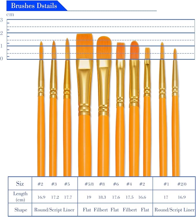 BOSOBO Paint Brushes Set, 10 Pieces Round Pointed Tip Paintbrushes Nylon Hair Artist Acrylic Paint Brushes for Acrylic Oil Watercolor, Face Nail Body Art, Miniature Detailing & Rock Painting, Orange