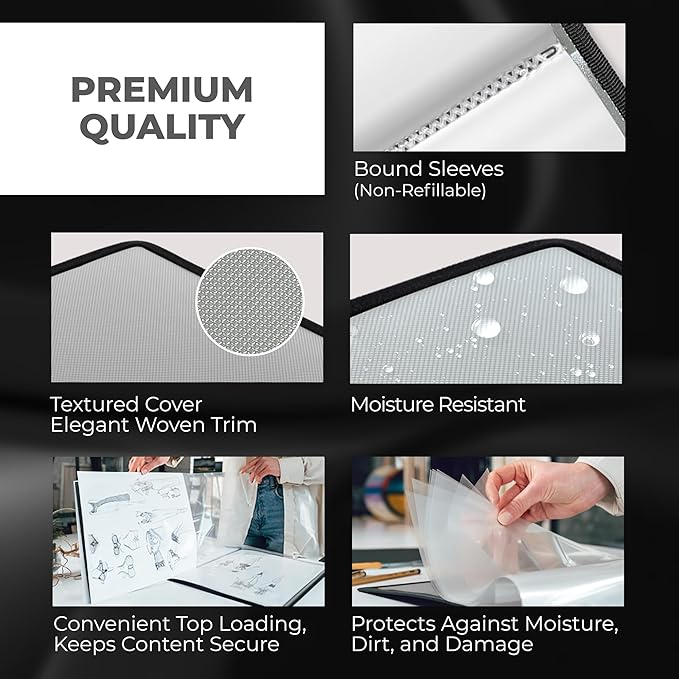 Dunwell 11x14 Art Portfolio Binder with Mounting Paper (Silver), Large Portfolio Folder for Artwork Storage, 24 Clear Sleeves Displays 48 Pages, Acid-Free Poly 11 x 14 Presentation Book