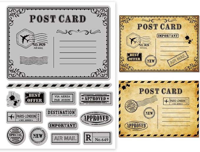 GLOBLELAND Vintage Postcard Cling Rubber Stamp Postage Postmark 7.1x8.7inch Cling Stamps Embossing Stamp Seal for DIY Scrapbooking and Card Making Paper Craft Decor