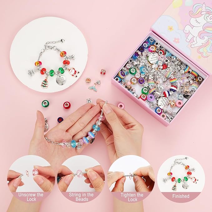 Emibele Charm Bracelet Making Kit, Christmas Jewelry Making Kit for Girls Age 8-12, Unicorn/Mermaid DIY Bracelets Crafts Kit for 5 6 7 Girl Holiday Gifts Idea on Xmas Birthday Valentines