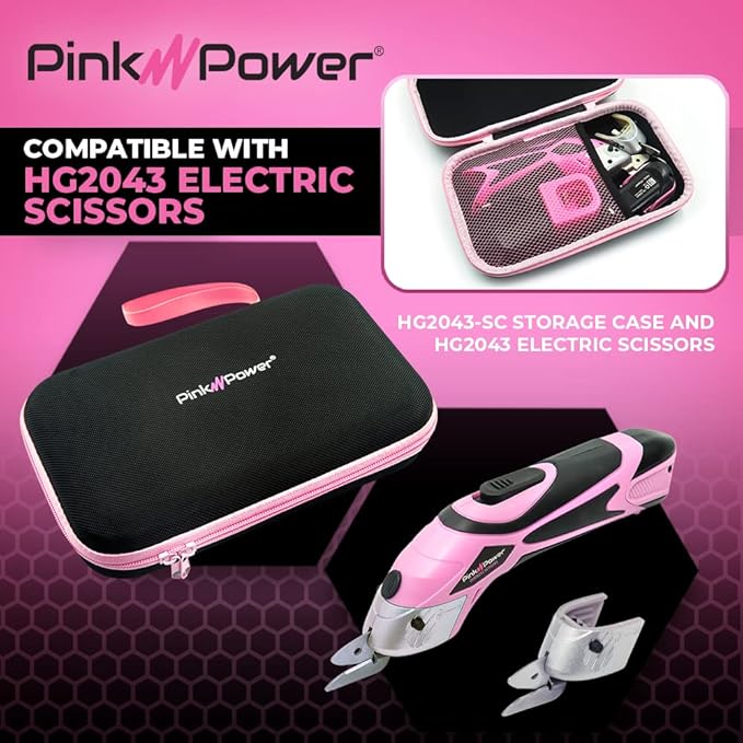 Pink Power Electric Fabric Scissors Box Cutter for Crafts, Sewing, Cardboard, Carpet, & Scrapbooking - Heavy Duty Professional Cutting Tool - Cordless Electric Scissors Fabric Cutter w/Storage Case