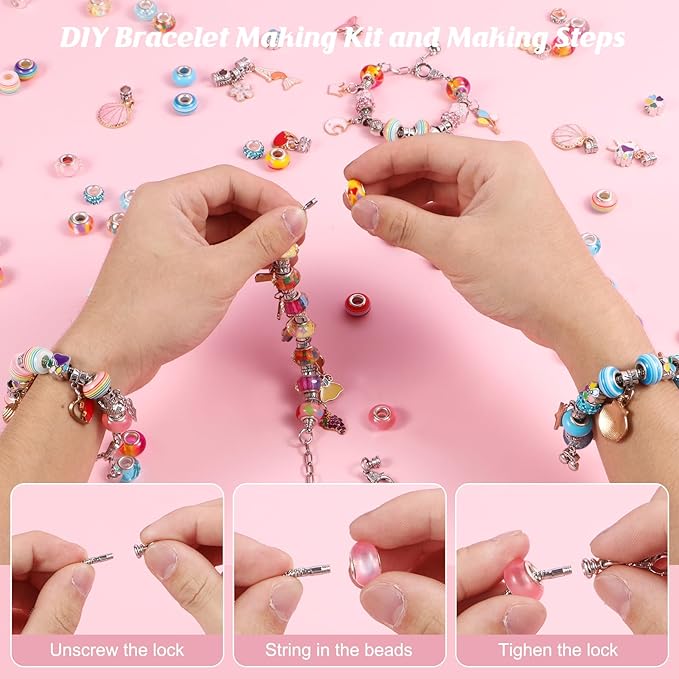 YJK Charm Bracelet Making Kit, 5-12 Year Old Girl Birthday Gifts, 133 Pcs DIY Beaded Jewelry Making Kit with Jewelry Box, Creative Crafts for Girls, Charm Necklace Making kit for Girls (Blue & Pink)