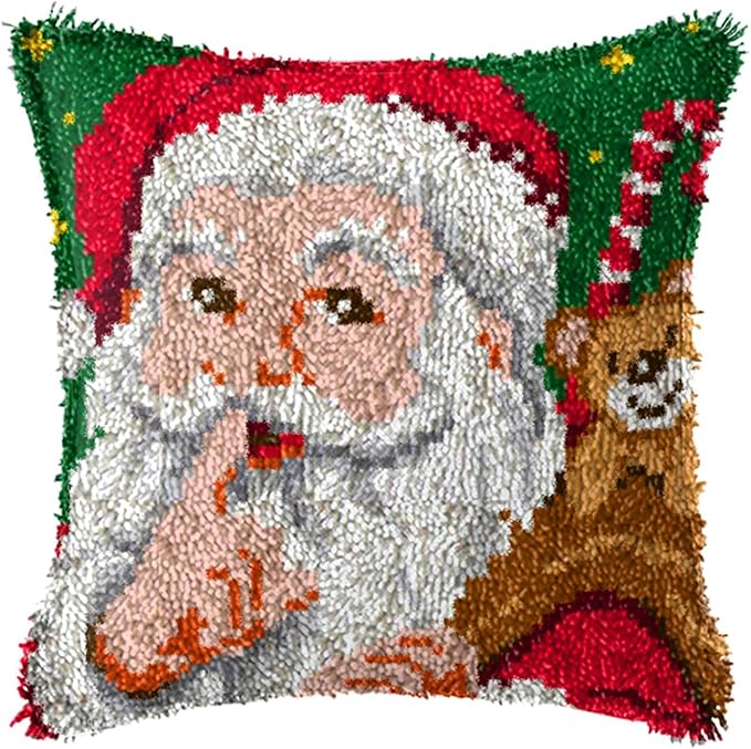 Vin Elladat Latch Hook Kit for Adults Santa Claus DIY Throw Pillow Cover Crochet Yarn Kits Needlework Crafts Arts Christmas Home Decor 17X17inch (BZ631)