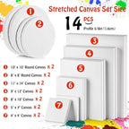 Stretched Canvas - 4x4, 5x7, 8x10, 9x12, 11x14 and Round Canvas 8x8, 10x10 (2 of Each) Total 14 Canvas Pack - 100% Cotton Blank Canvases for Oils Acrylics and Pouring