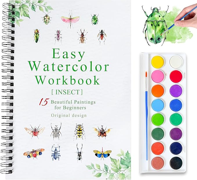 Watercolor Workbooks, 16 Colors Water Color Books Paint Set for Adults, Watercolor Coloring Book for Beginners, Water Color Workbook, 15 Beautiful Paintings for Beginners (Insect)