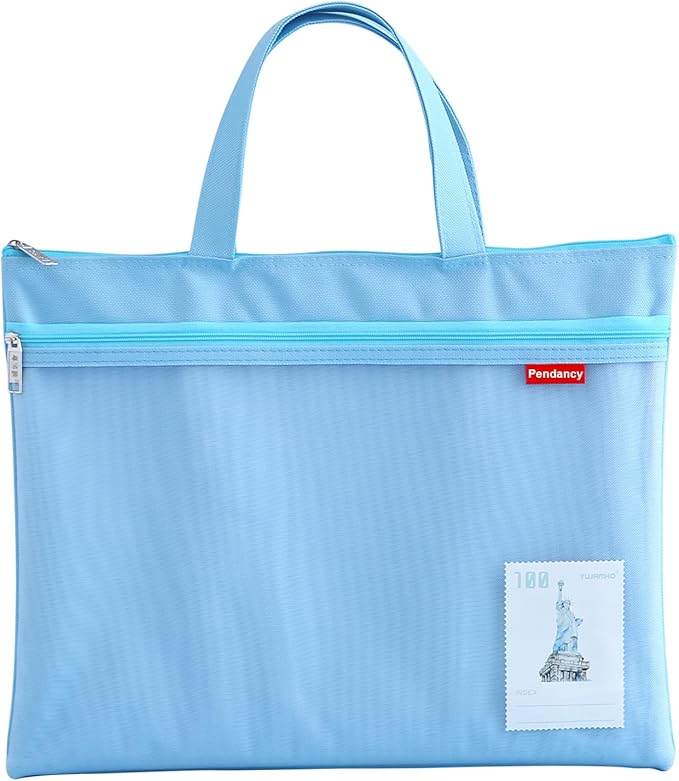 Pendancy Mesh Zipper Pouch 11x13.7 in, Large Double Pocket Waterproof File Bag with Handle, A4 Size Foldable Document Storage for Puzzle Project/Cross Stitch/Travel/Office（Blue）