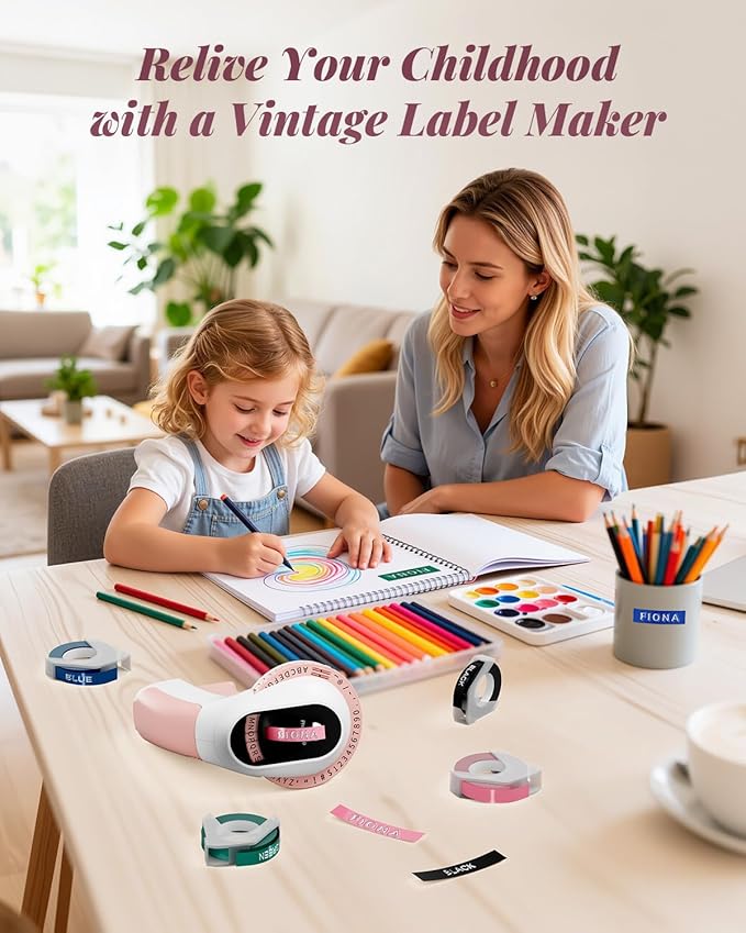 Phomemo Embossing Label Maker Machine, Retro Embossed Label Maker, Old School Embosser Labeler with 6 Rolls 3D Embossing Label Waterproof for Kid DIY Home School and Scrapbook Supplies Office, Pink