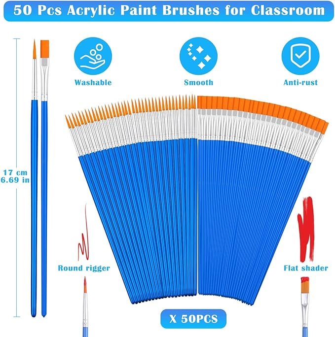 Small Paint Brushes Bulk, Anezus 50 Pcs Flat Tip Paint Brushes with Round Acrylic Paint Brushes Set Craft Brushes for Classroom Acrylic Watercolor Canvas Face Painting Touch Up