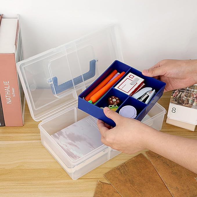 JUXYES Plastic Carry Storage Box with Removable Dividers, Clear Art Craft Supply Storage Bin Sewing Box with Handle Lid, 2 Layers Stationery Storage Case for School/Office Supplies