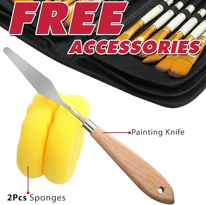 DUGATO 15pc Artist Paint Brush Set with Pop-Up Case, Palette Knife & Sponges - Nylon Hair for Acrylic, Oil, Watercolor, Gouache, Model & Craft Painting