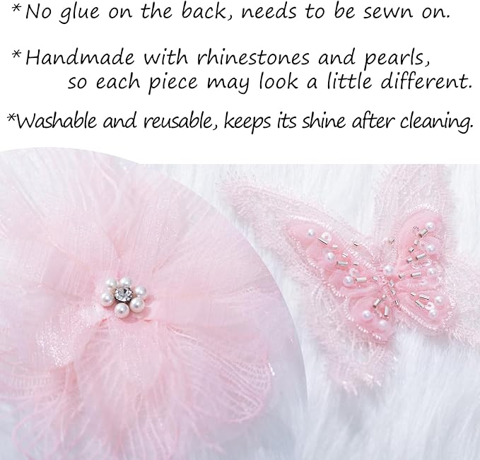 6 Pieces 3D Flower Lace Embroidery Butterflies Appliques Pearl Patches for Repairing and Decorating, Sewing Craft Clothing Jeans Jackets Bags (Pink)