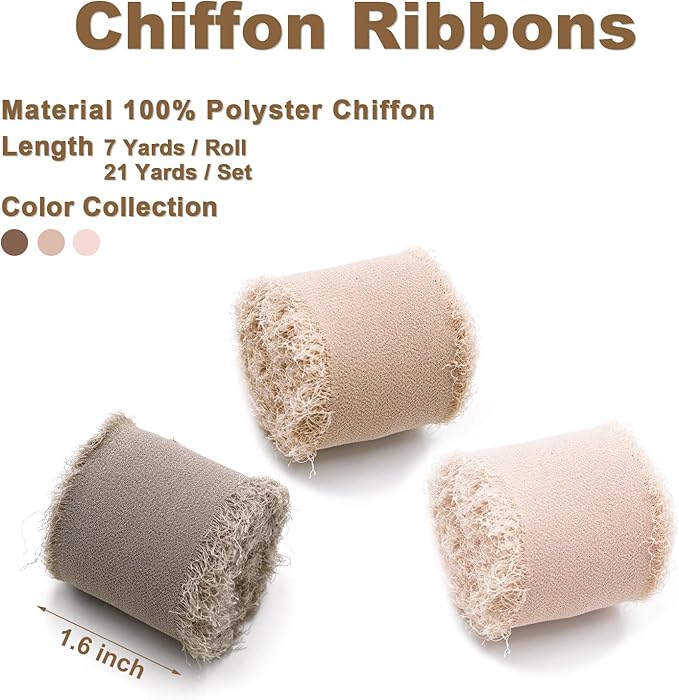 3 Rolls Earth Tone Handmade Fringe Chiffon Ribbon 1.5 Inch x 7 Yard Silk-Like Colorful Rustic Ribbon for Bouquets Wrapping Decor Wedding Invitation Accessories