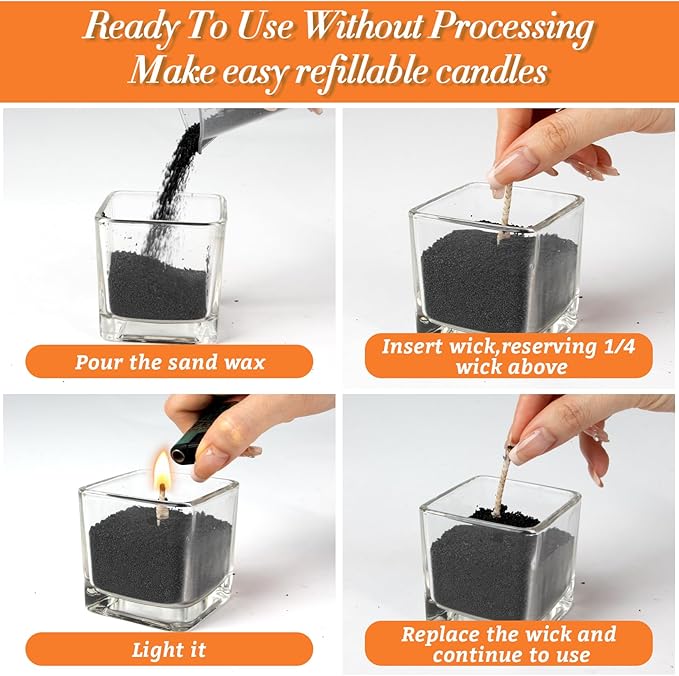 Candle Sand Wax with Wicks and Wick Tabs- 450g DIY Black Pearled Candle Wax, Refillable Pearled Sand Candles with Wicks, for Making Candles for Halloween, Party