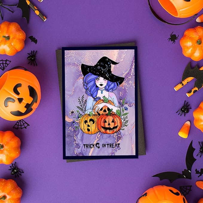 ORIGACH Halloween Pumpkin Witch Clear Stamps, Witch Trick or Treat Reusable Transparent Silicone Stamps for Halloween Card Making DIY Scrapbooking, 6.3x4.3inches