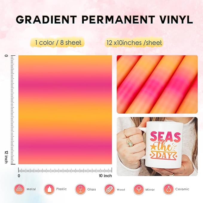 Tintnut Orange Pink Permanent Vinyl - 8 Sheets 12"x10" Gradient Adhesive Self Sticker, Ombre Glossy Self Sticker Water Proofing Vinyl Compatible with Cricut Or Silhouette