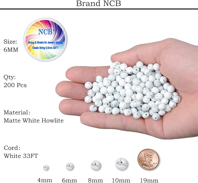 NCB Matte White Howlite Beads 200pcs 6mm Round Gemstone Beads Spacer Charm Beads Natural Stone Loose Beads for Bracelet Necklace Jewelry Making 4mm 6mm 8mm 10mm (Matte White Howlite, 6mm 200Beads)