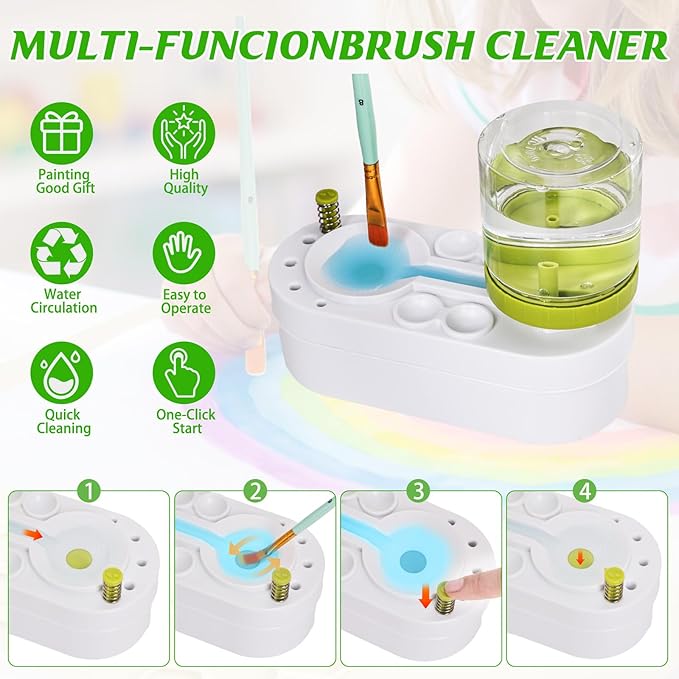 2025 New Painting Station, Paint Brush Cleaner (Pre-Assembled) and Silicone Painting Mat 20" X 16" Silicone Art Mat with 10 Paint Brushes for Artist Kids Adults Birthday Gifts (Green)