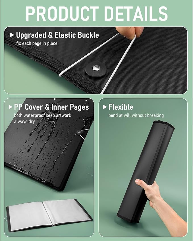 Nicpro 18x24 Large Art Portfolio Folder, 30 Pockets Display 60 Pages Artist Portfolio Folder with Clear Plastic Sleeves, Presentation Storage Book for Artists Artwork Drawing Painting Black