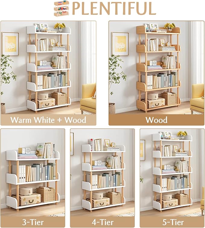 4-Tier Wooden Open Bookcase - Modern Display Bookshelf with Top Edge and Solid Wood Frame for Home and Office, Storage Cabinet, Warm White