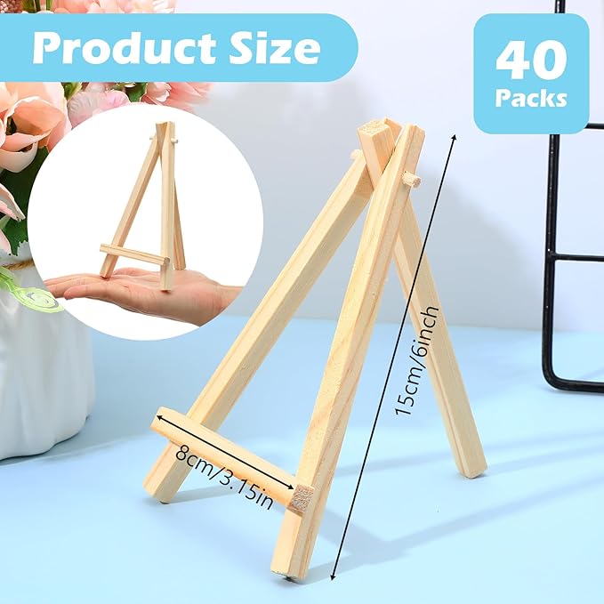 40pcs Wooden Easels Stands for Display 6 Inch Tabletop Art Display Easels Small Desktop Holder Stand Small Easel Stand for Displaying Painting Arts Crafts Canvas Drawing Wedding