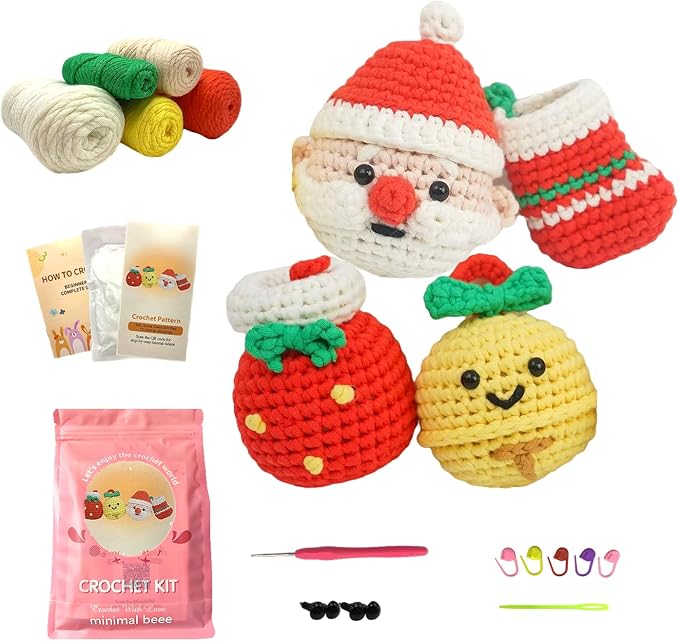 minimal beee Beginner Crochet Kit for Christmas– 4-Piece Santa & Stockings Set with Easy Peasy Yarn, Ergonomic Crochet Hooks, Video Tutorials, DIY Holiday Decor for Adults