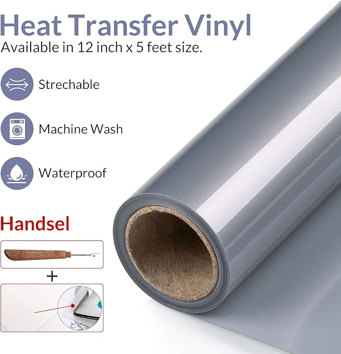 Silver HTV Heat Transfer Vinyl Rolls 12 Inch by 8feet Roll Iron on DIY for T-Shirt Easy to Cut & Weed for Heat Vinyl Design Glossy (8Ft, Silver)