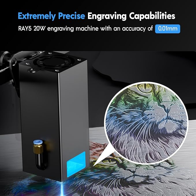 Longer RAY5 20W Laser Engraver Machine with Air Assist Kit, Rotary Roller, and 8 Pcs Raiser, Exclusive 3.5" Touch Screen for DIY, Cutting Tool for Metal Coloring, Acrylic, Wood, Glass, Leather.