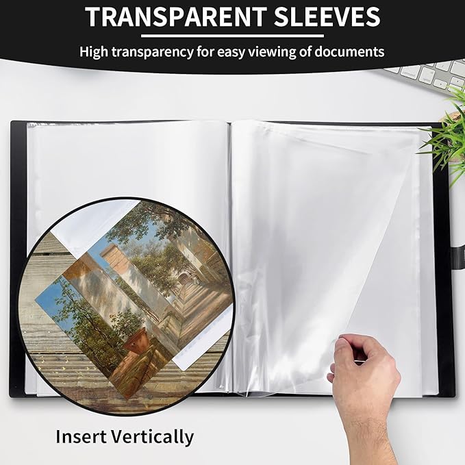 JJRING 16x22 Art Portfolio Folder for Diamond Painting, 40-Pocket Portfolio Binder Featuring Clear Plastic Sleeves, Display Book with Handle for Artwork and Document Storage, Black