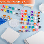 24Pack Mini Canvas Boards and Easel Paint Set,24Pcs Canvas and Easel,12 Colors Acrylic Paint Strips,48 Brushes,24 Palettes,Washable Acrylic Paint Set for Painting Crafts Party Favors (4" X 4")