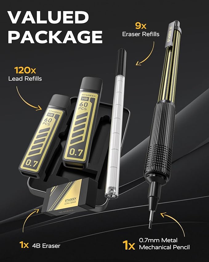 0.7mm Mechanical Pencil with Metal Gift Case, 1PCS Metal Mechanical Pencil with 120Pcs HB Lead Refills,4B Erasers and 9PCS Eraser Refills, for Writing Drafting Drawing and Sketching(Gold)