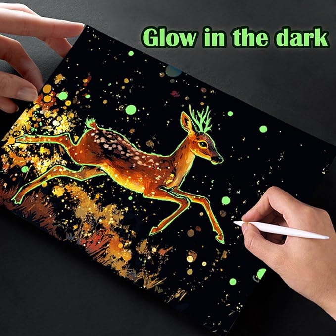 Georgie Porgy Scratch Paper Art Set for Kids Adults Magic Rainbow Scratchboards for DIY Arts and Crafts Kits Christmas Birthday Gift with Scratching Tools Kit (A5-Noctilucent Elf + Forest Animals)
