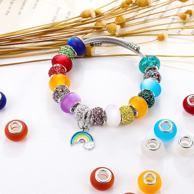 100 Pieces 14mm European Large Hole Spacer Beads Mix Color with Silver Brass Cores Assortments Charm Lampwork Beads Supplies for Necklace Bracelets Jewelry Making (Frosted cat Eye)