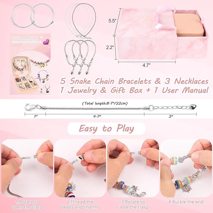UFU Charm Bracelet Making Kit - 95Pcs DIY Jewelry Making Kit, Mermaid Gifts for Girls Crafts for Girls Ages 5 6 7 8-12, with Portable Bracelet Organizer Box