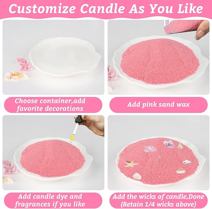 Pink Candle Sand Wax with Wicks and Wick Tabs- 450g DIY Pearled Candle Wax, Refillable Pearled Sand Candles with Wicks, for Valentine's Day, Wedding, Dating