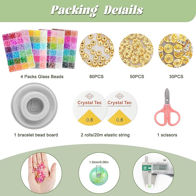 Funtopia 3524pcs Glass Beads Bracelet Making Kit, 4 Types 96 Colors 6mm Glass Beads for Bracelets, Round Crystal Beads for Jewelry Making Necklace Earrings DIY Crafts