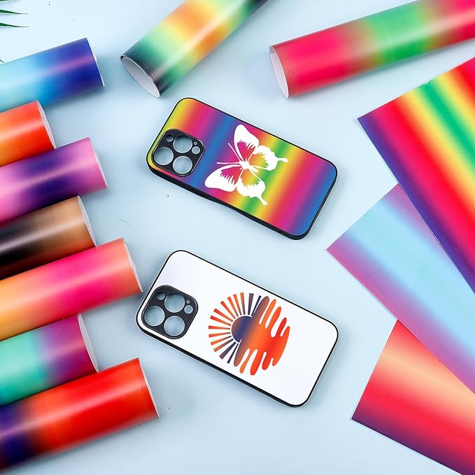 Tintnut Gradient Permanent Vinyl, Ombre Rainbow Pattern Adhesive Vinyl - 12 Sheets 12"x10", Sunset Permanent Adhesive Sheets for Cutting Machine,Home Decor Self Sticker