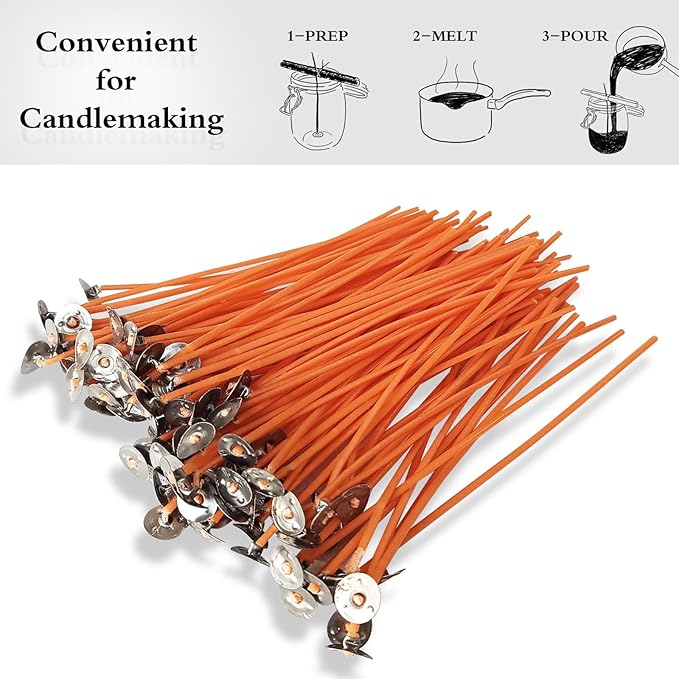 6 Inch Candle Wick,100 Piece Cotton Candle Wicks, Orange Low Smoke Pre-Waxed Candle Wicks with Tabs for Candle Making DIY