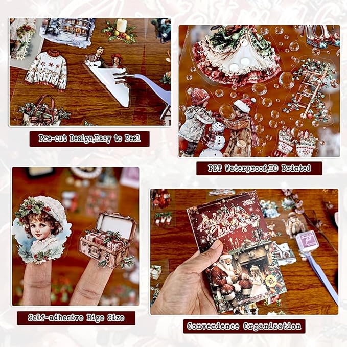 Vintage Christmas Scrapbook Stickers for Scrapbooking Supplies, 20 Sheets Precut PET Sticker Book for Journaling, Junk Journals, Collage, Card Making, Bujo, Crafts Arts