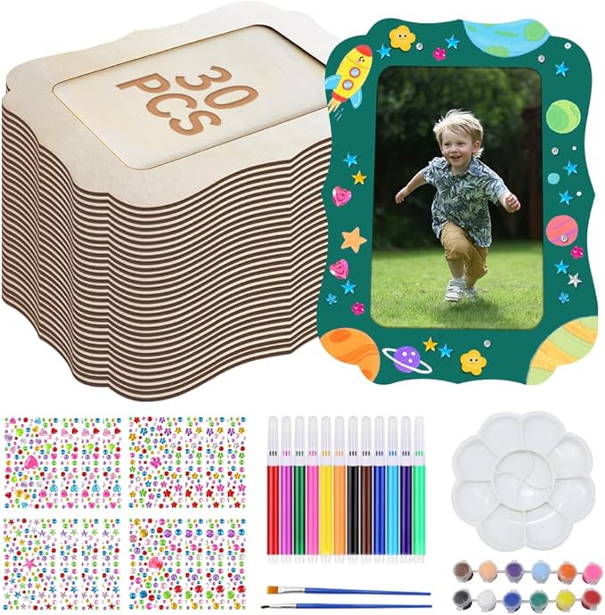 Ukontagood 30 Pack Wooden Picture Frames for Crafts, 4''×6'' Picture Frame Painting Craft Kit Includes 16 Sheets Diamond Stickers, 12 Colors Pens & Brushes, and Paints for DIY Crafts