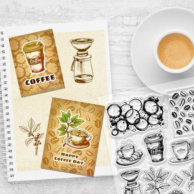 CHGCRAFT Coffee Clear Stamps Coffee Beans Transparent Silicone Stamps for Card Making Coffee Machine Silicone Clear Stamp for DIY Scrapbooking Photo Journal Album Decoration