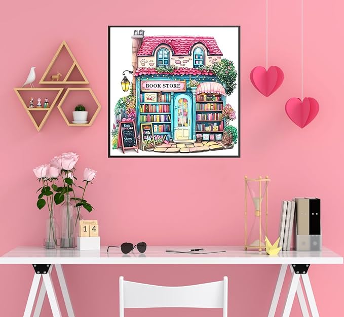 Pink Bookstore Diamond Painting Kits for Adults, 5D Diamond Art Painting by Numbers Kits, DIY Diamond Dots Art Kits, Full Round Drill Diamond Paintings for Adults for Home Wall Decor, 13.8x13.8 in